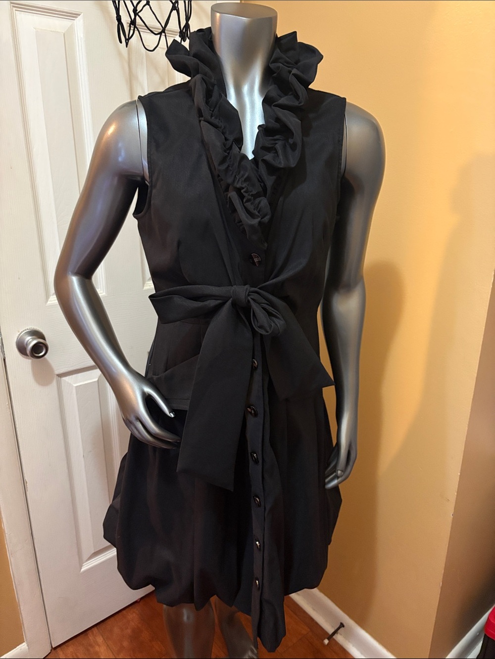 Samuel Dong Black Ruffled Tie-Waist Sleeveless Mini Dress
